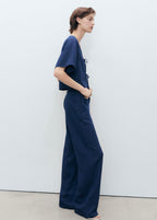 High-Waisted Flowy Denim Trousers - Night Blue