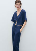 High-Waisted Flowy Denim Trousers - Night Blue