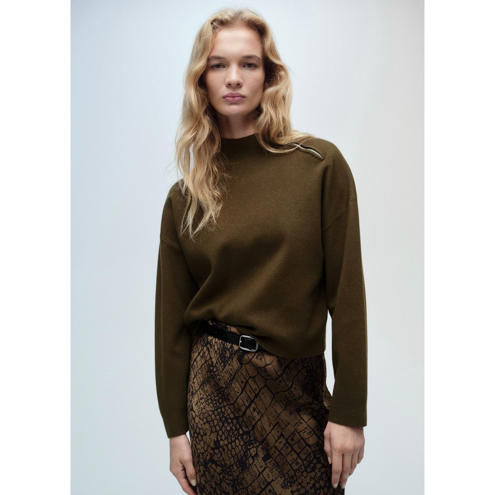Zip Mock-Neck Pullover - Khaki