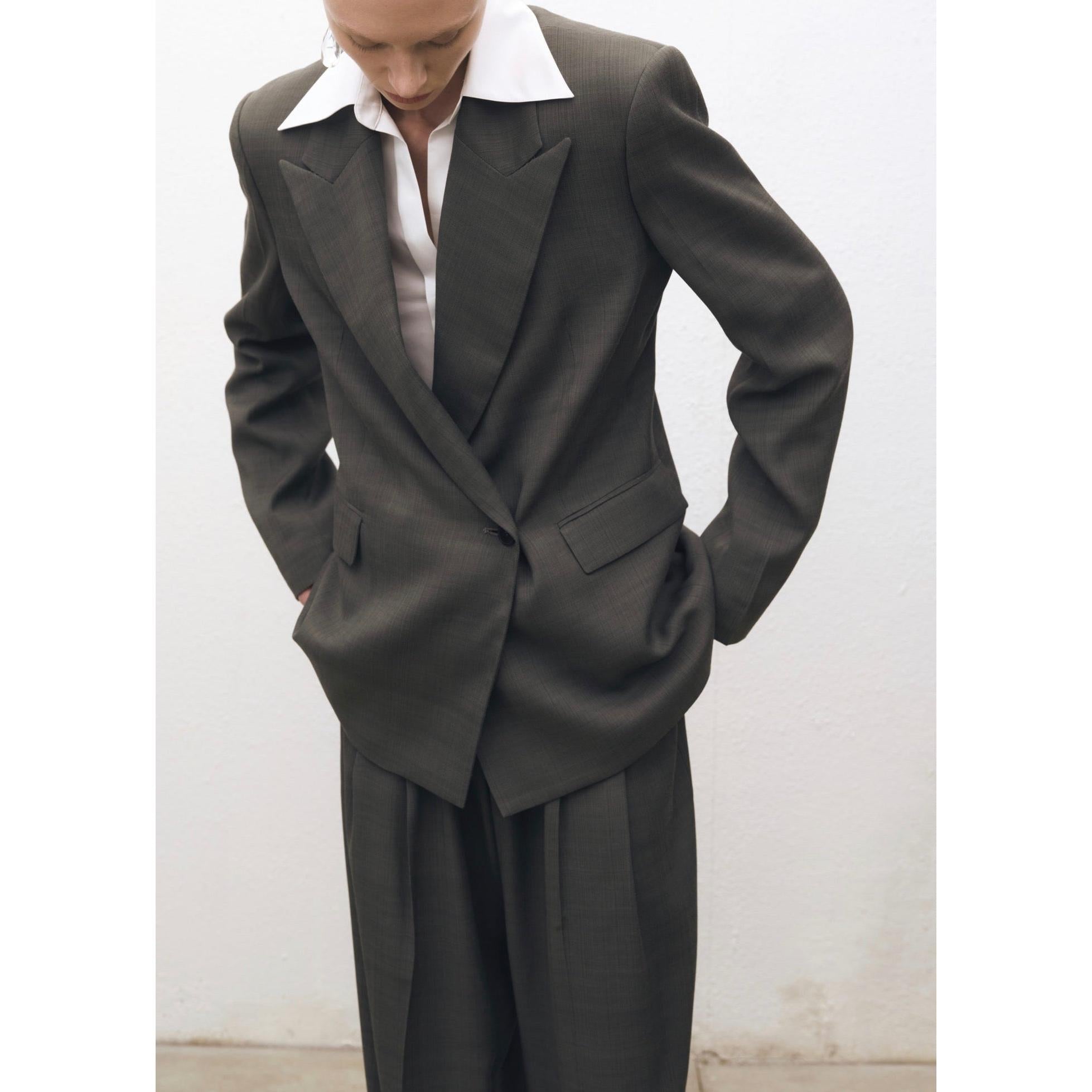Oversized Double-Breasted Suit Jacket - Khaki