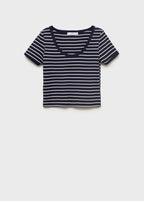 Striped Cotton T-Shirt with Plunging Neckline - Dark Navy