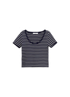 Striped Cotton T-Shirt with Plunging Neckline - Dark Navy