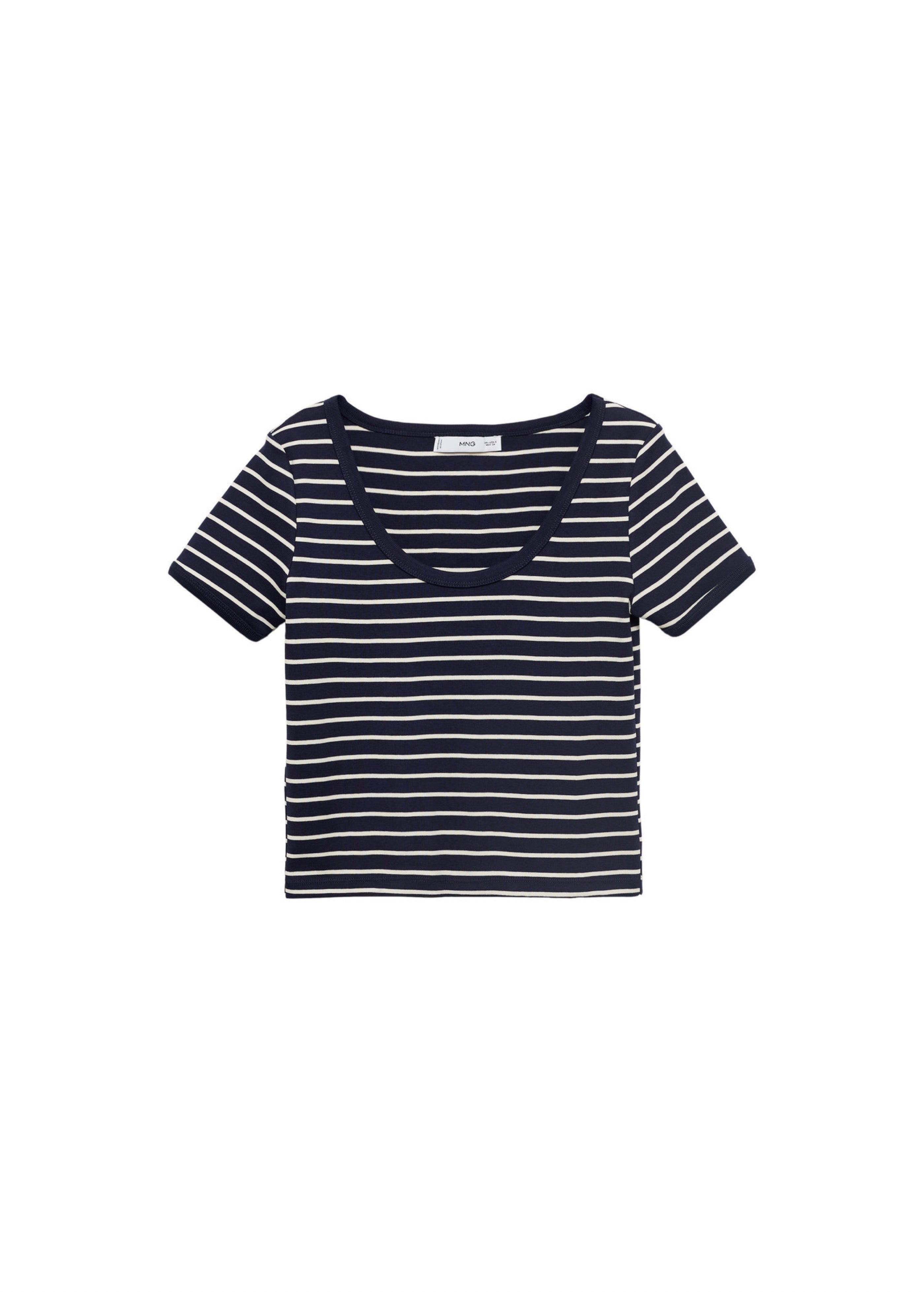 Striped Cotton T-Shirt with Plunging Neckline - Dark Navy