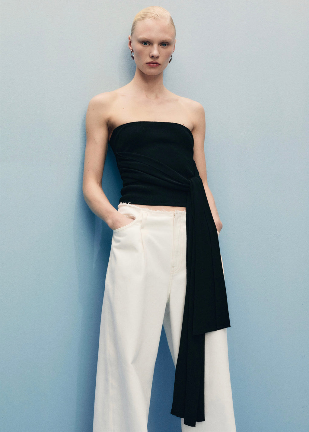 Pantalon En Denim Wideleg Taille Effilochée - Off White