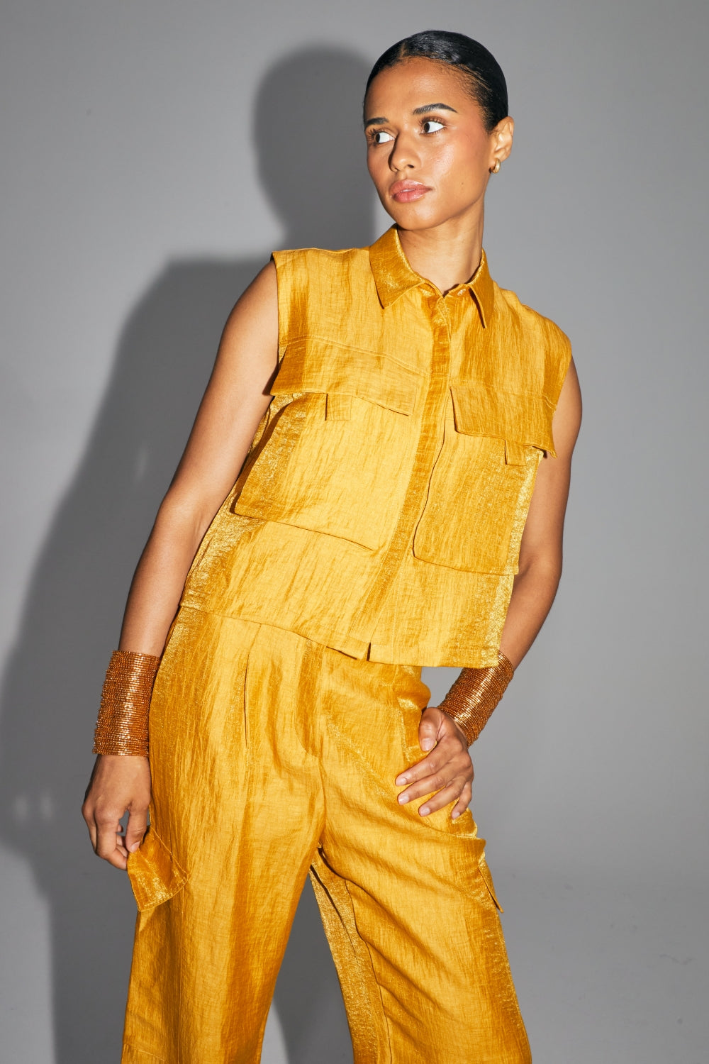 The Nina Shirt In Shiny Ocher Linen Made In Italy