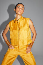 The Nina Shirt In Shiny Ocher Linen Made In Italy