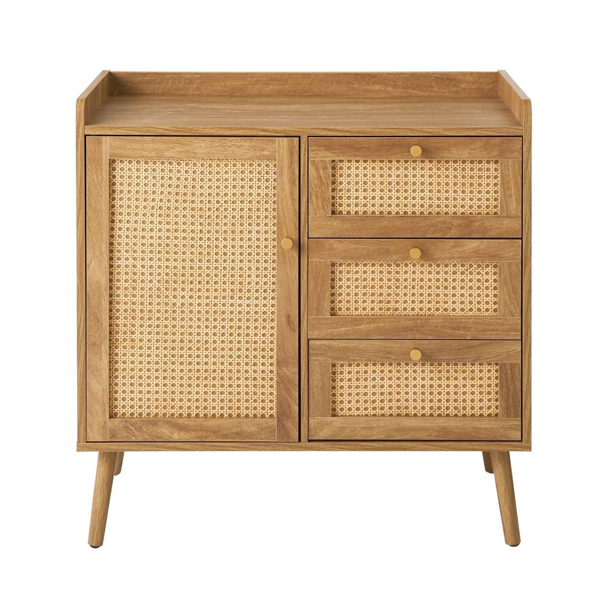 Palmo - Cómoda 3 Cajones / 1 Puerta - Madera y Ratán