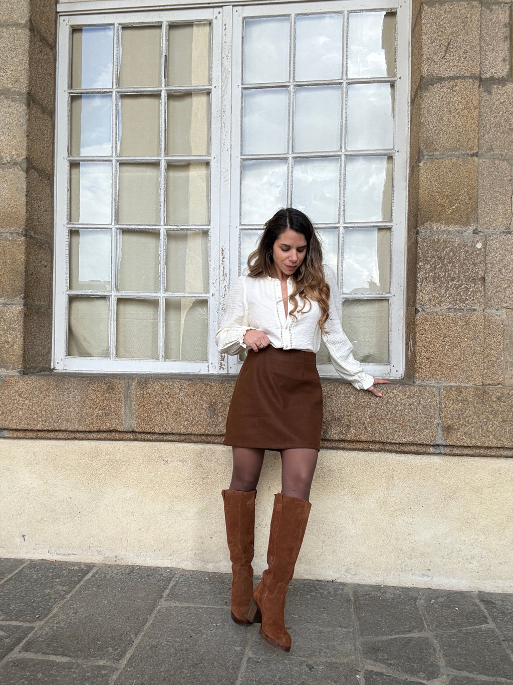 Lou chocolate wool-effect skirt