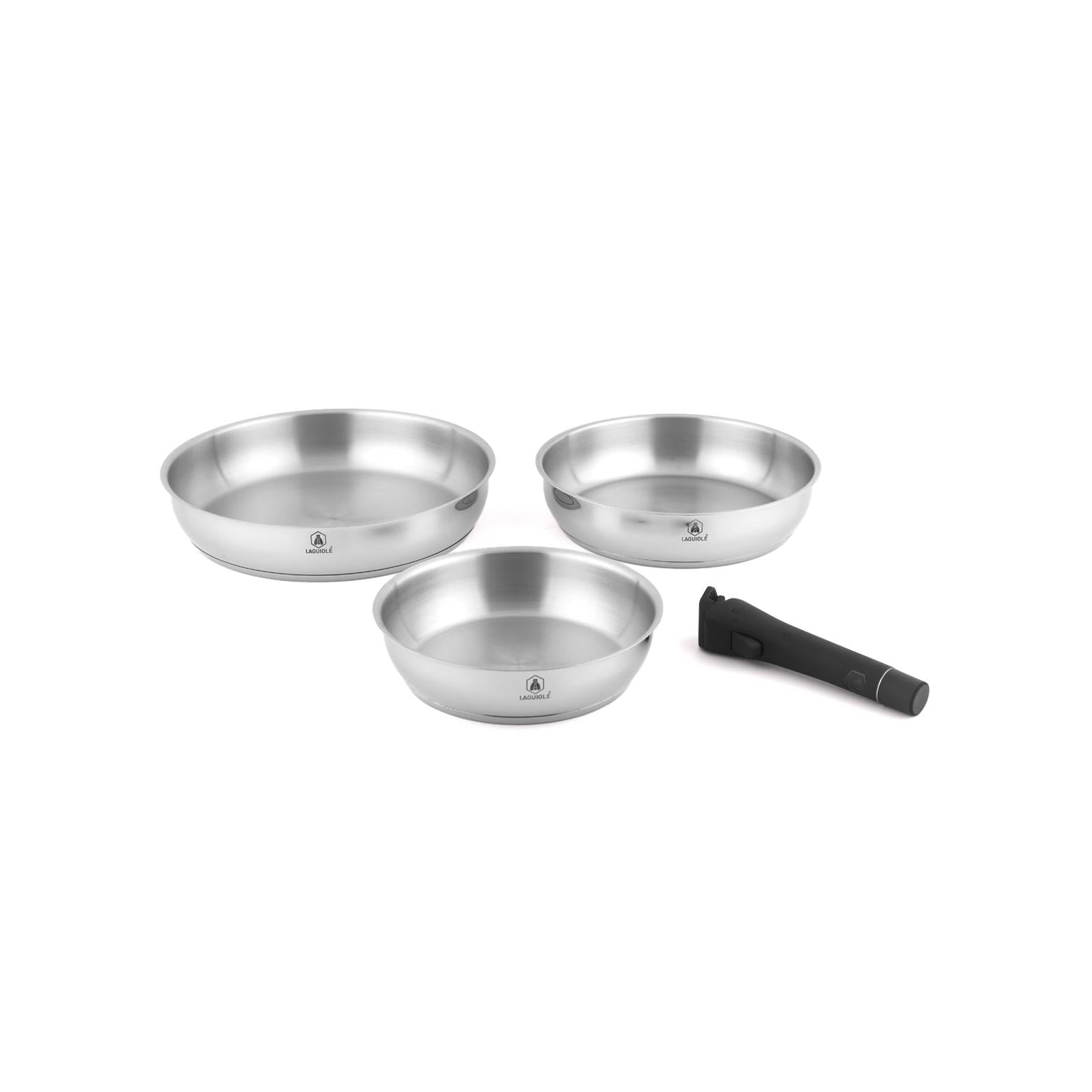 Réactif - Set of 3 Removable Frying Pans - Stainless Steel - Silver