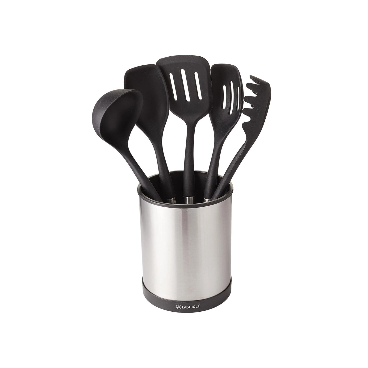 Harmonie - Set 6 Ustensiles De Cuisine - Inox Et Silicone - Argent / Noir