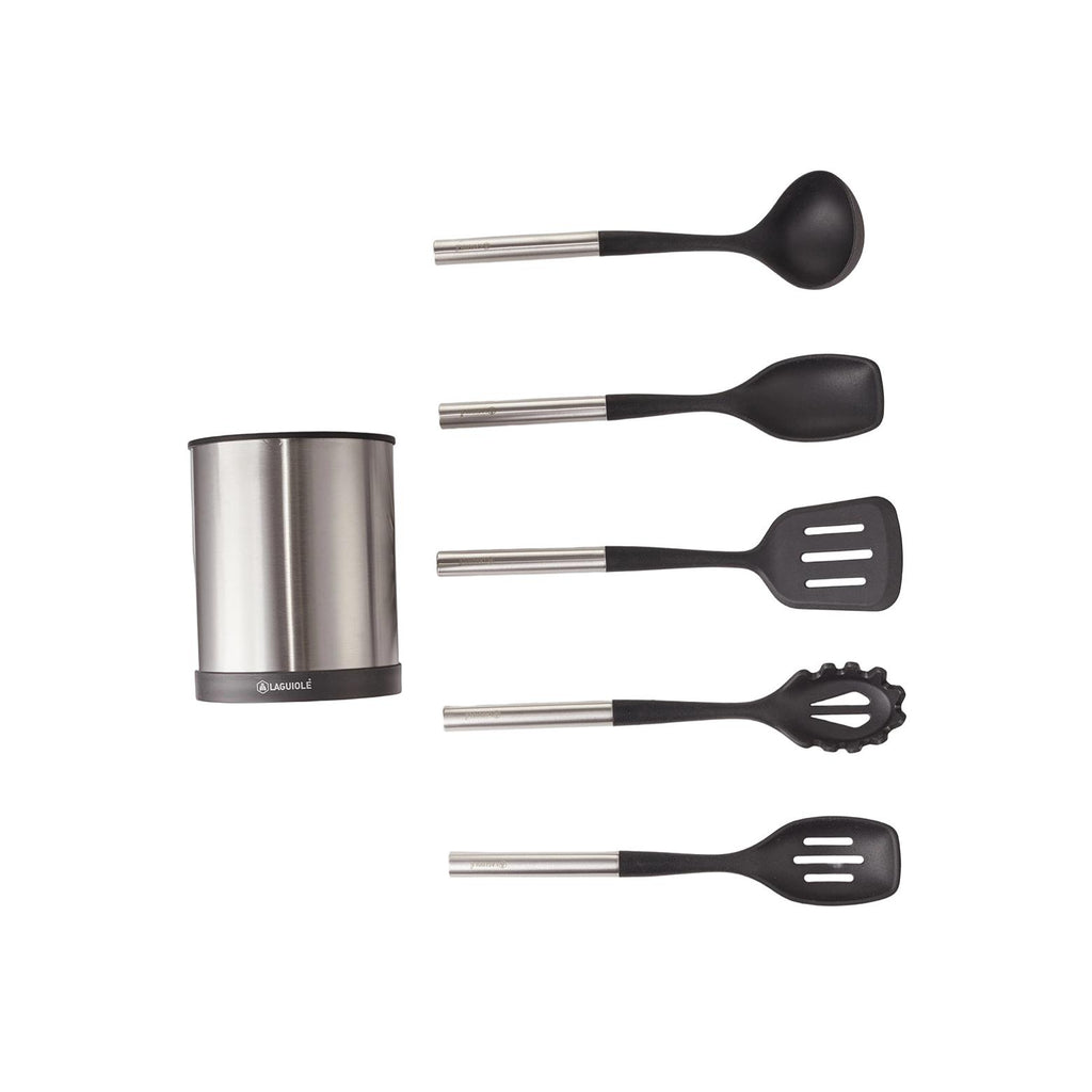 Harmonie - Set 6 Ustensiles De Cuisine - Inox Et Silicone - Argent / Noir