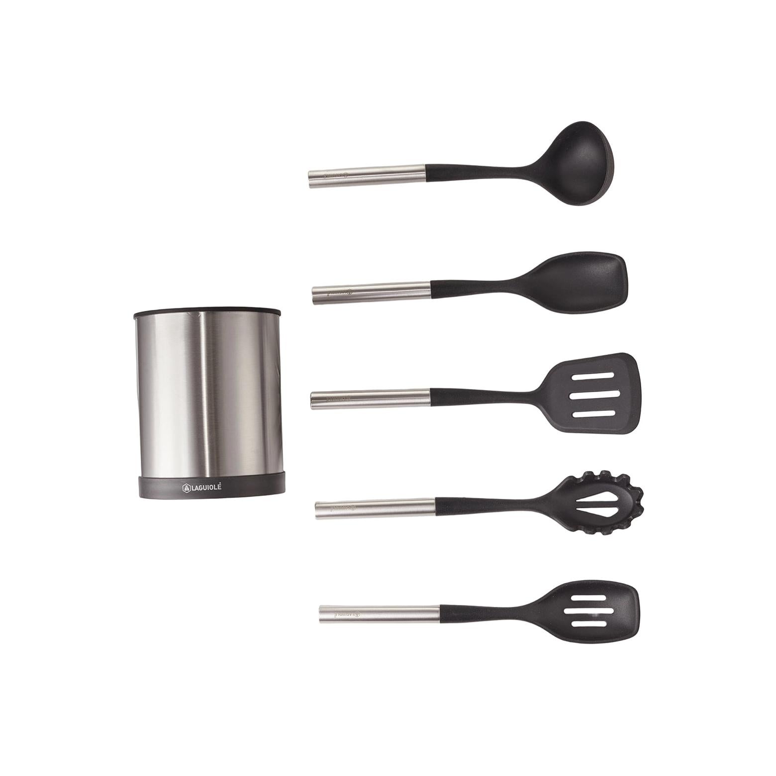 Harmonie - Set 6 Ustensiles De Cuisine - Inox Et Silicone - Argent / Noir