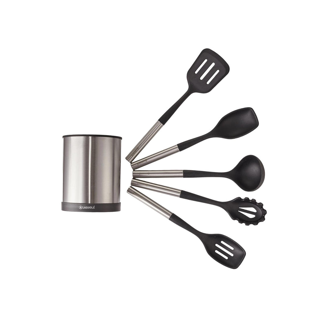 Harmonie - Set 6 Ustensiles De Cuisine - Inox Et Silicone - Argent / Noir