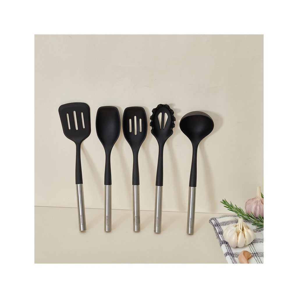 Harmonie - Set 6 Ustensiles De Cuisine - Inox Et Silicone - Argent / Noir