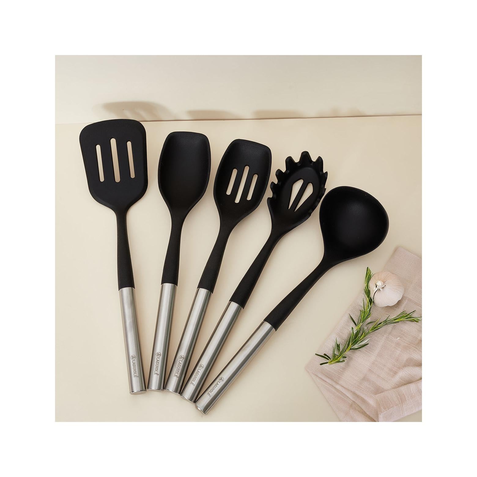 Harmonie - Set 6 Ustensiles De Cuisine - Inox Et Silicone - Argent / Noir
