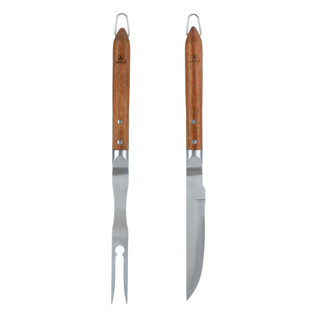 Sève - Set of 2 Barbecue Utensils Knife + Fork - Steel and Acacia Wood - Silver / Wood