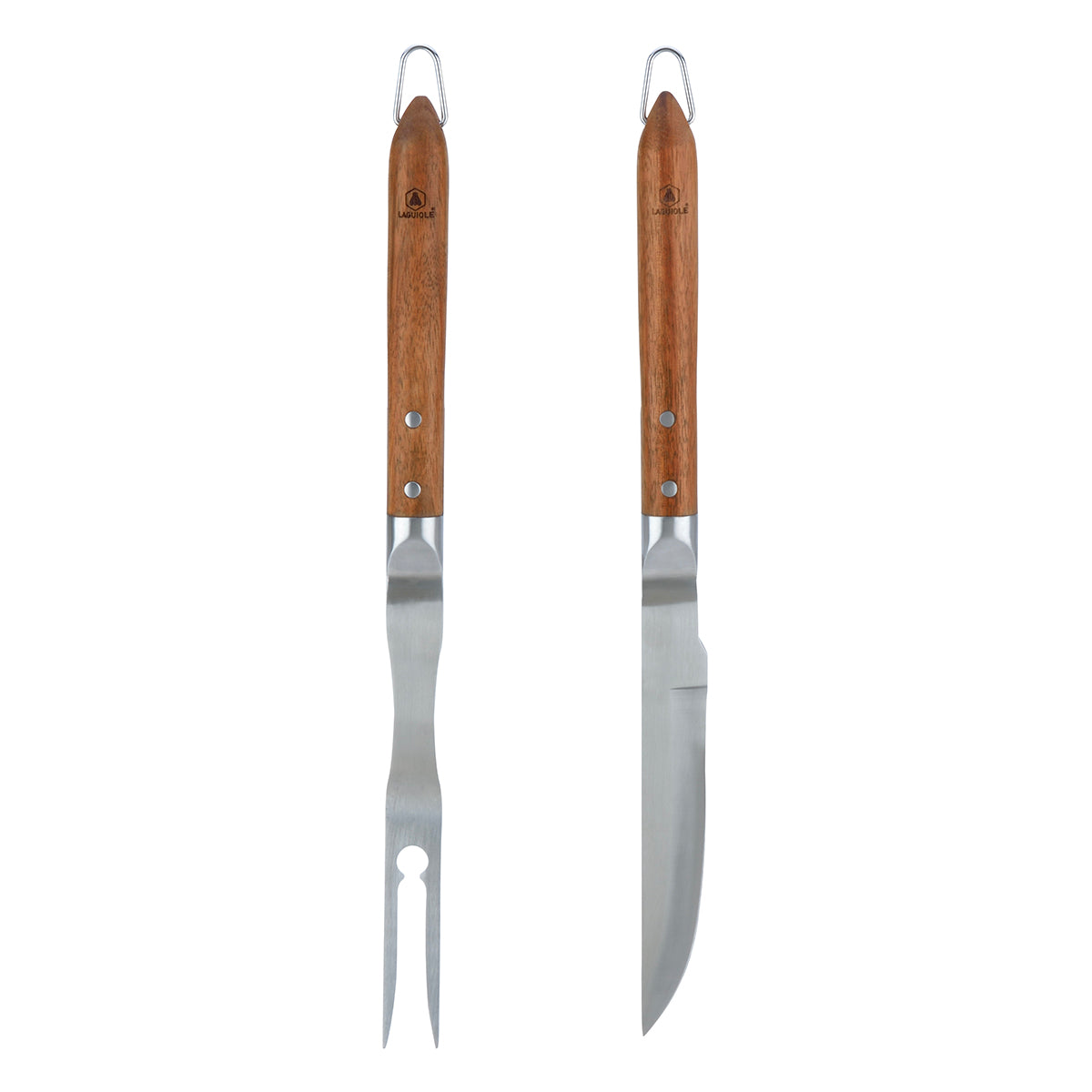 Sève - Set of 2 Barbecue Utensils Knife + Fork - Steel and Acacia Wood - Silver / Wood
