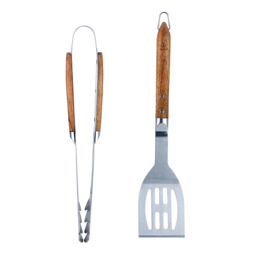 Sève - Set of 2 Barbecue Utensils Spatula + Tongs - Steel and Acacia Wood - Silver / Wood