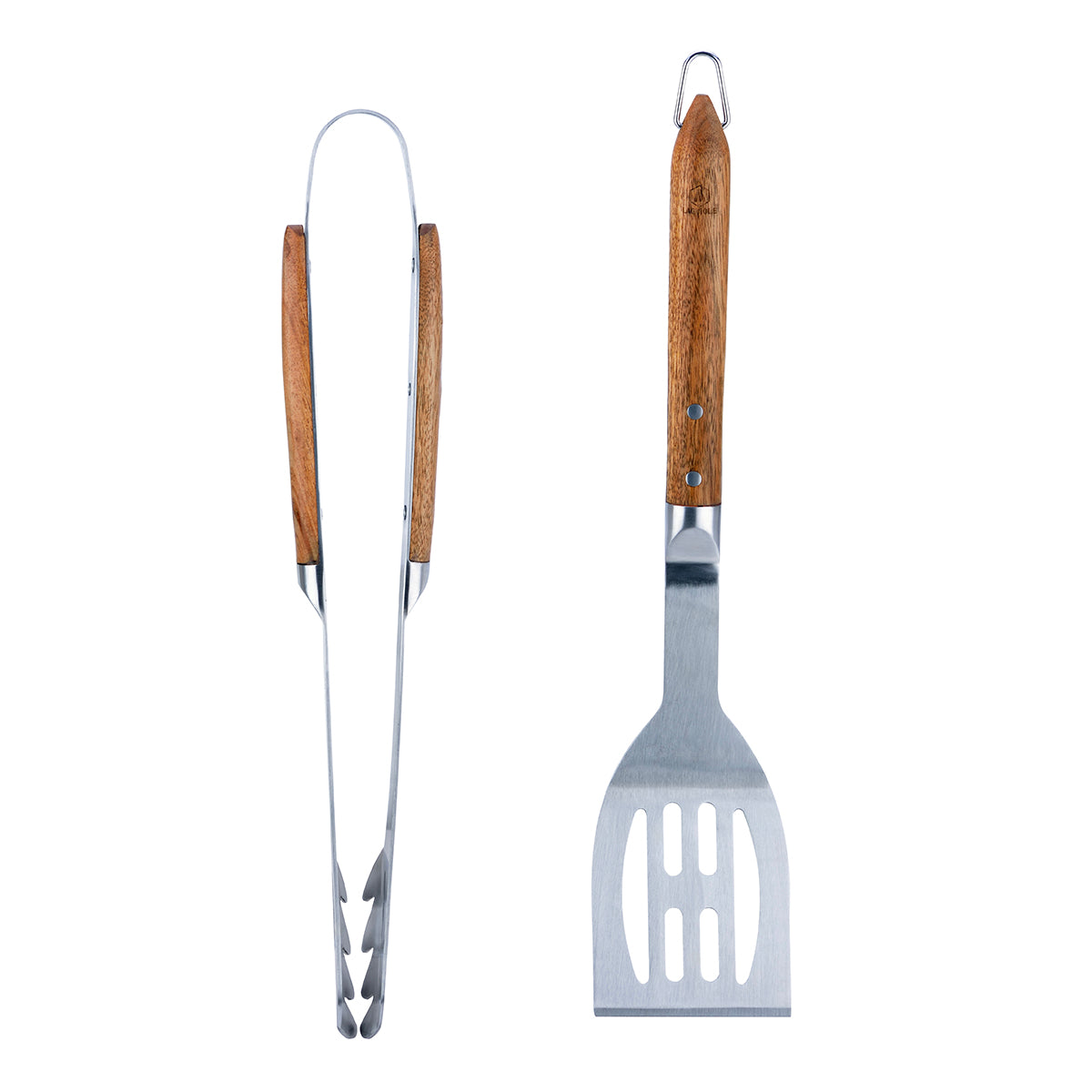 Sève - Set of 2 Barbecue Utensils Spatula + Tongs - Steel and Acacia Wood - Silver / Wood