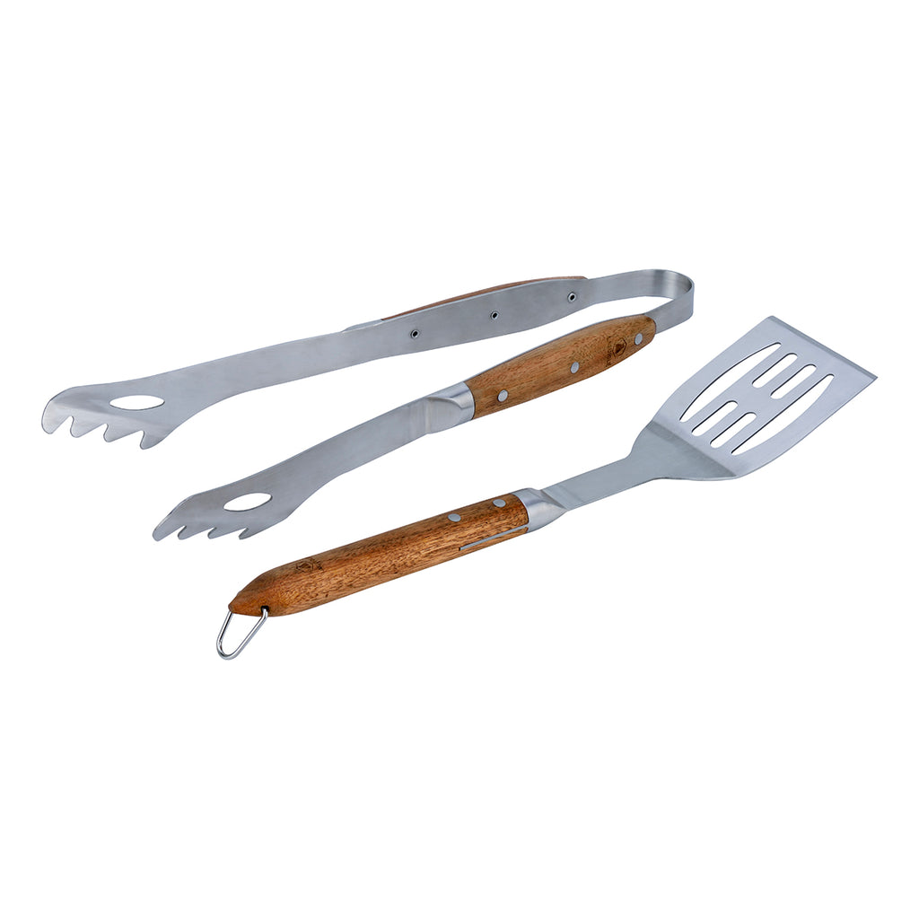 Sève - Set of 2 Barbecue Utensils Spatula + Tongs - Steel and Acacia Wood - Silver / Wood