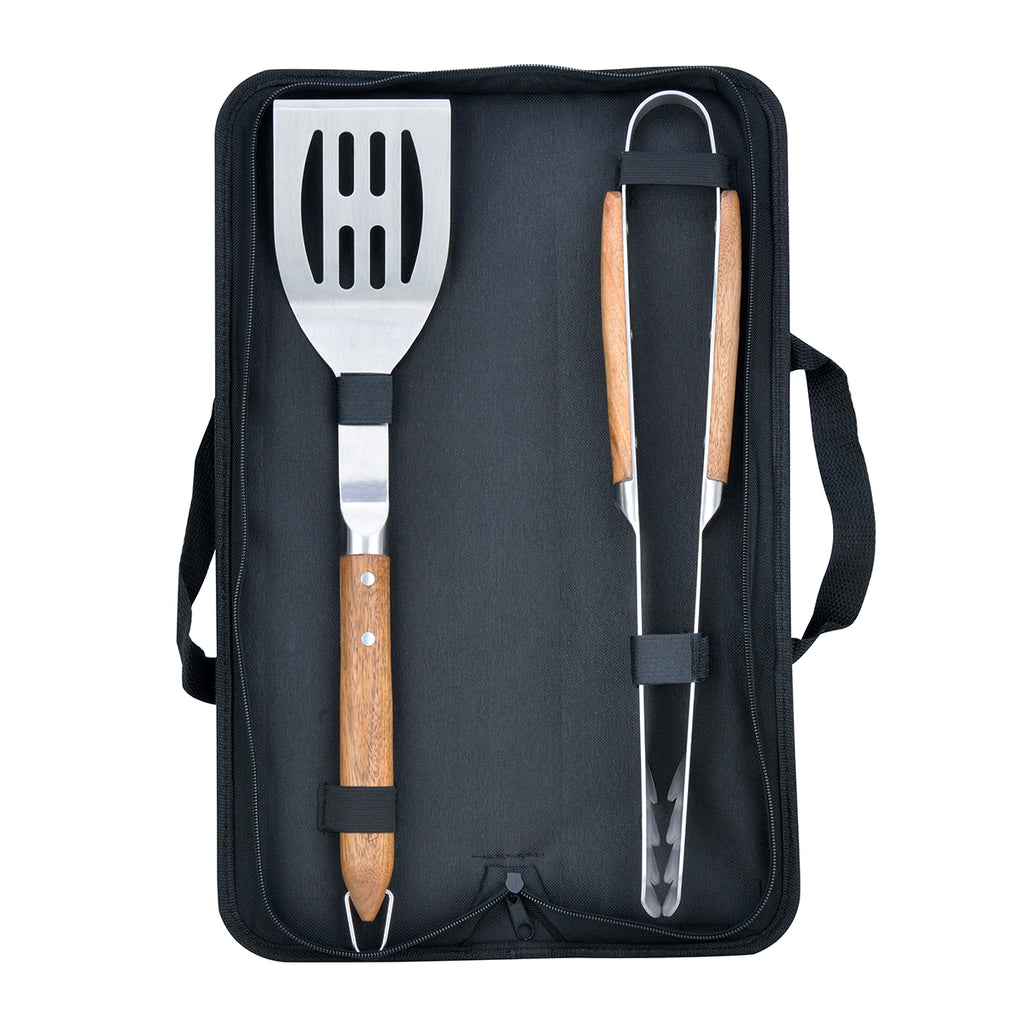 Sève - Set of 2 Barbecue Utensils Spatula + Tongs - Steel and Acacia Wood - Silver / Wood
