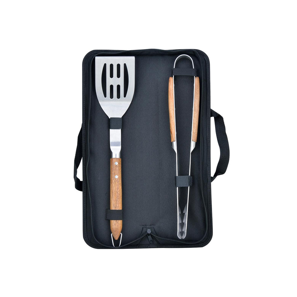 Sève - Juego de 2 utensilios para barbacoa Espátula + Pinzas - Acero y madera de acacia - Plata / Madera