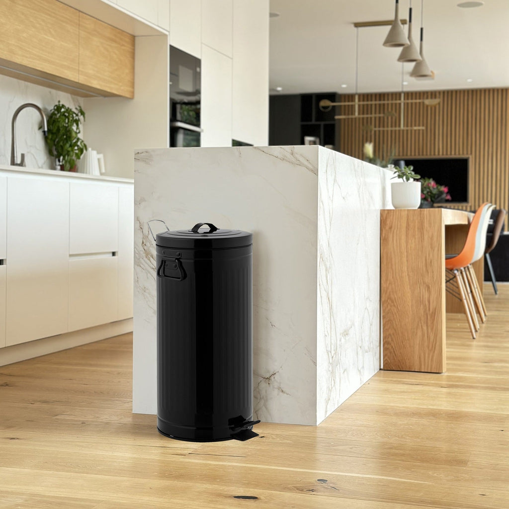 30L Vintage BROOKLYN Black pedal kitchen bin in stainless steel with inner bucket