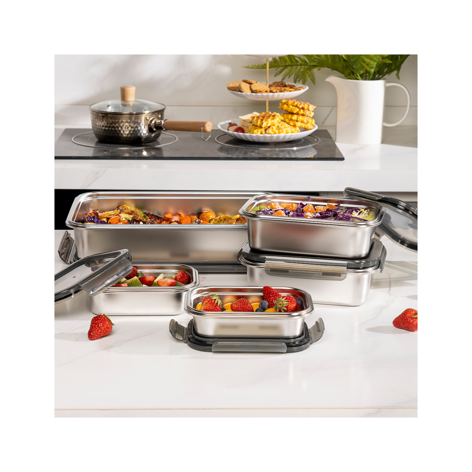 Set Of 5 Rectangular Boxes - Stainless Steel - Silver