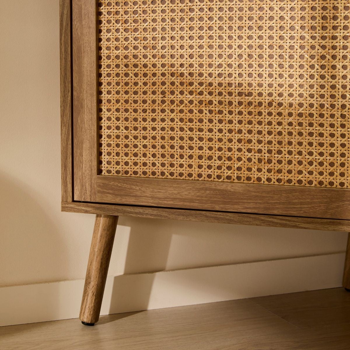 Palmo - Meuble Tv D'Angle 1 Porte Avec Façade En Rotin - Bois Clair