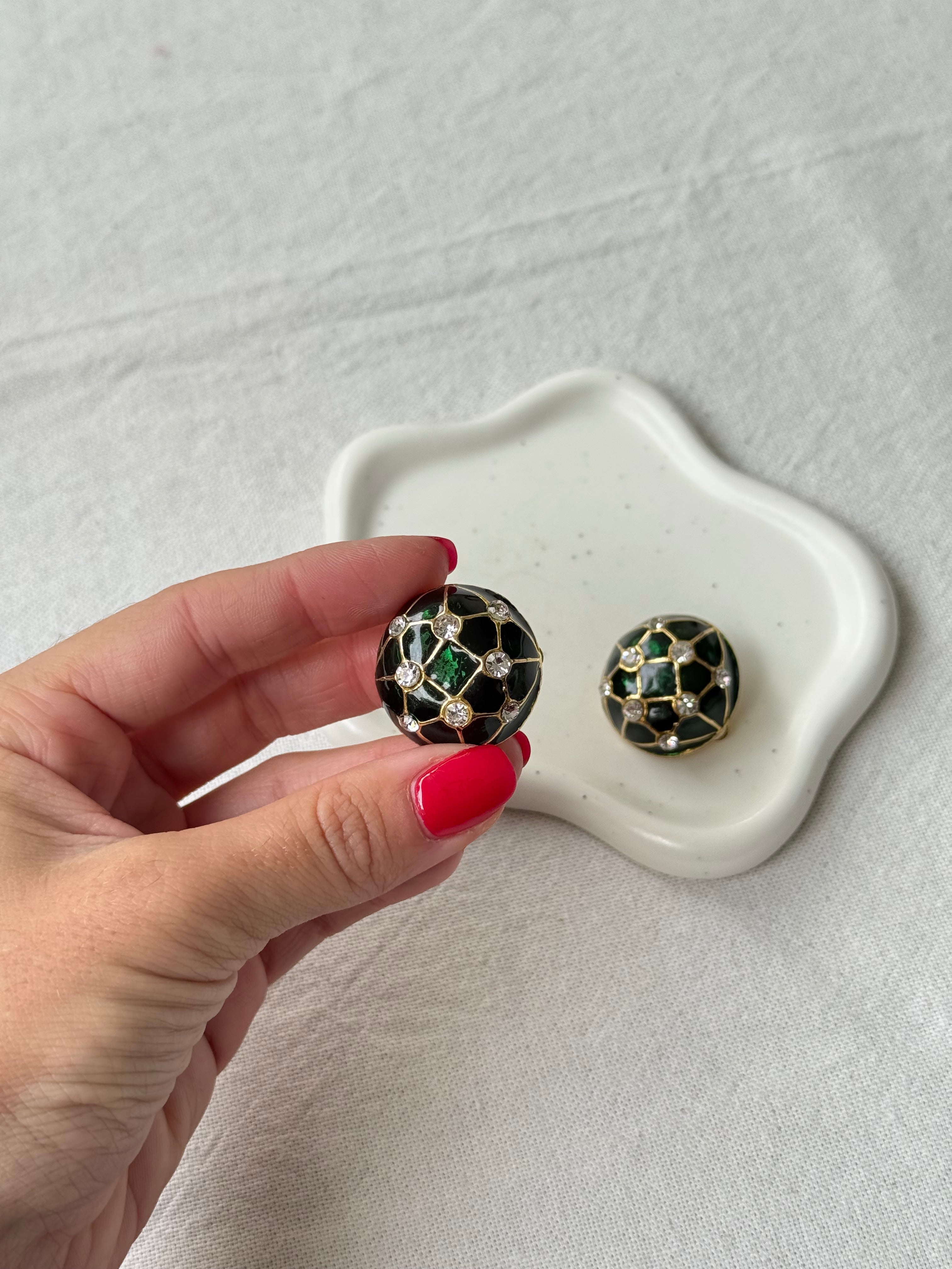 Vintage Earrings - Green Enamel And Rhinestones