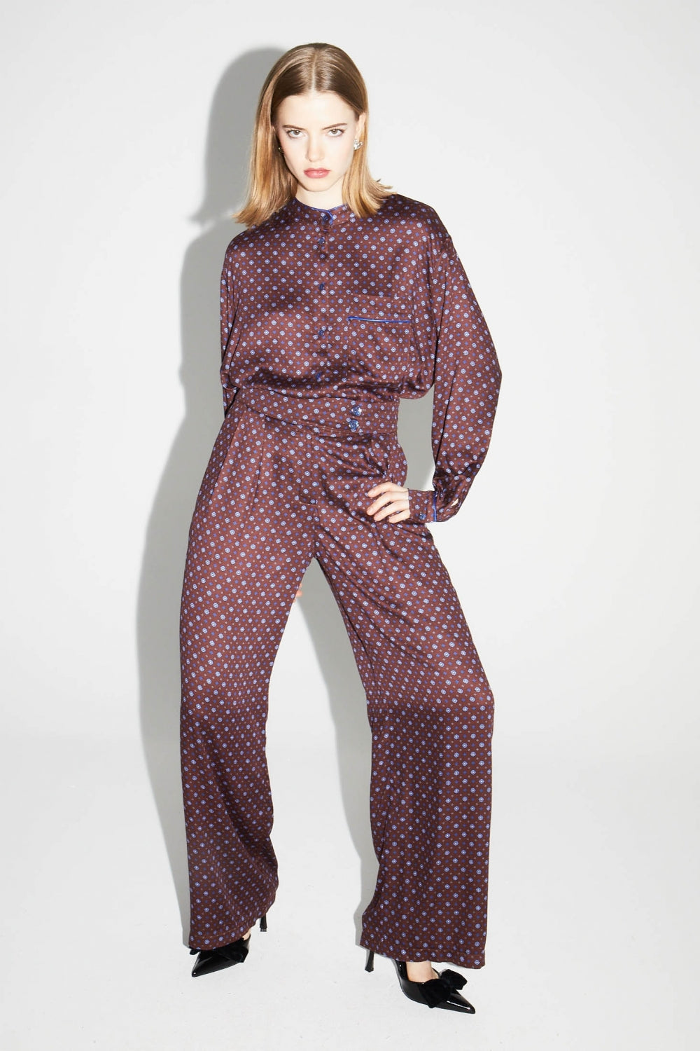Oversized Bordeaux Print Geo Blue Shirt, Made In Italy