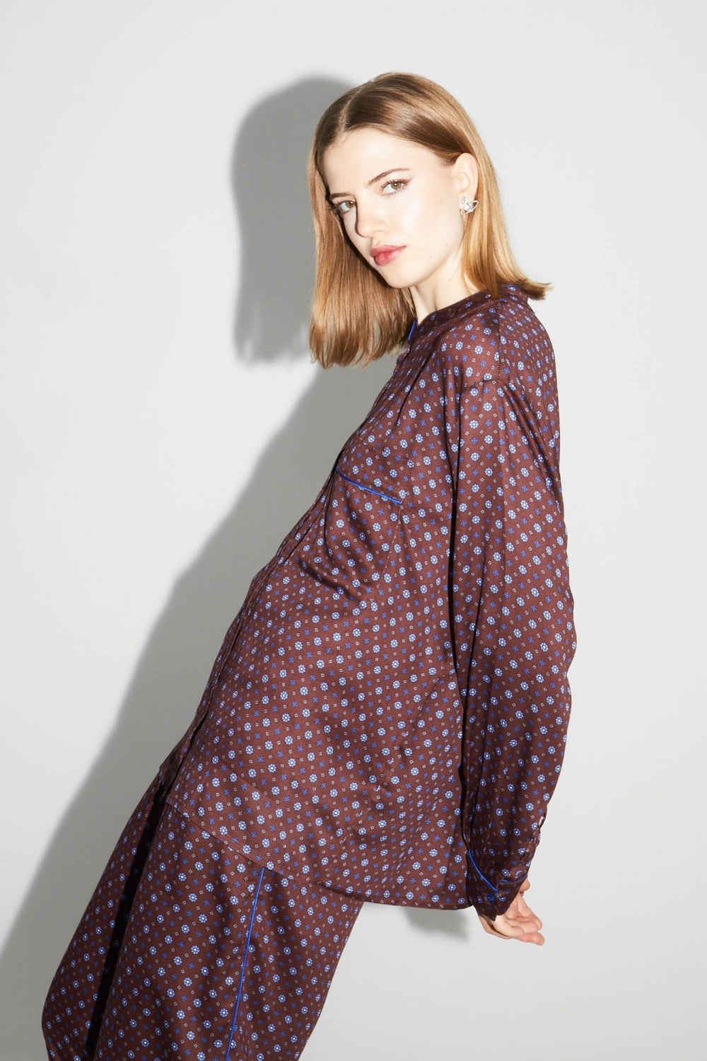 Oversized Bordeaux Print Geo Blue Shirt, Made In Italy