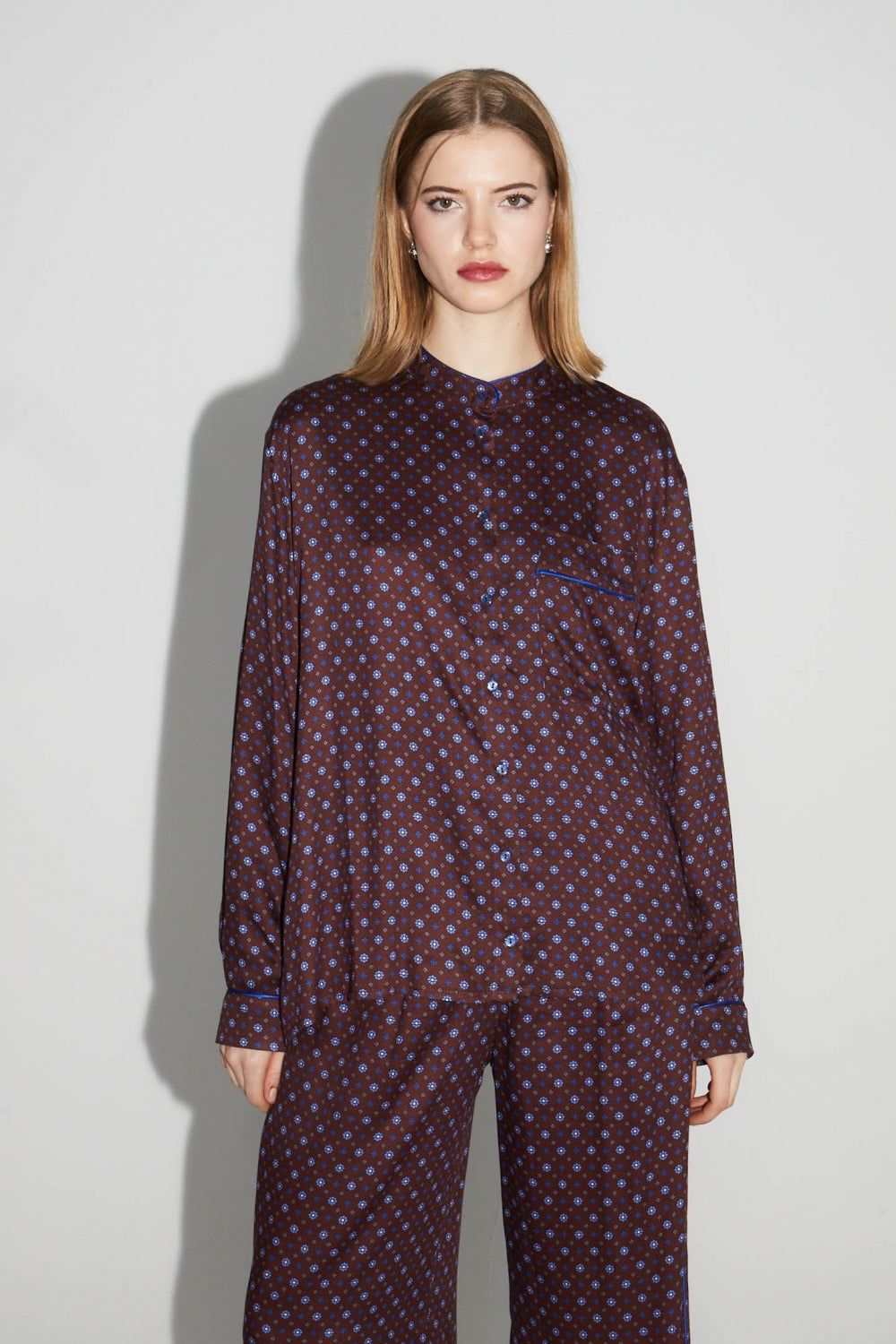 Oversized Bordeaux Print Geo Blue Shirt, Made In Italy