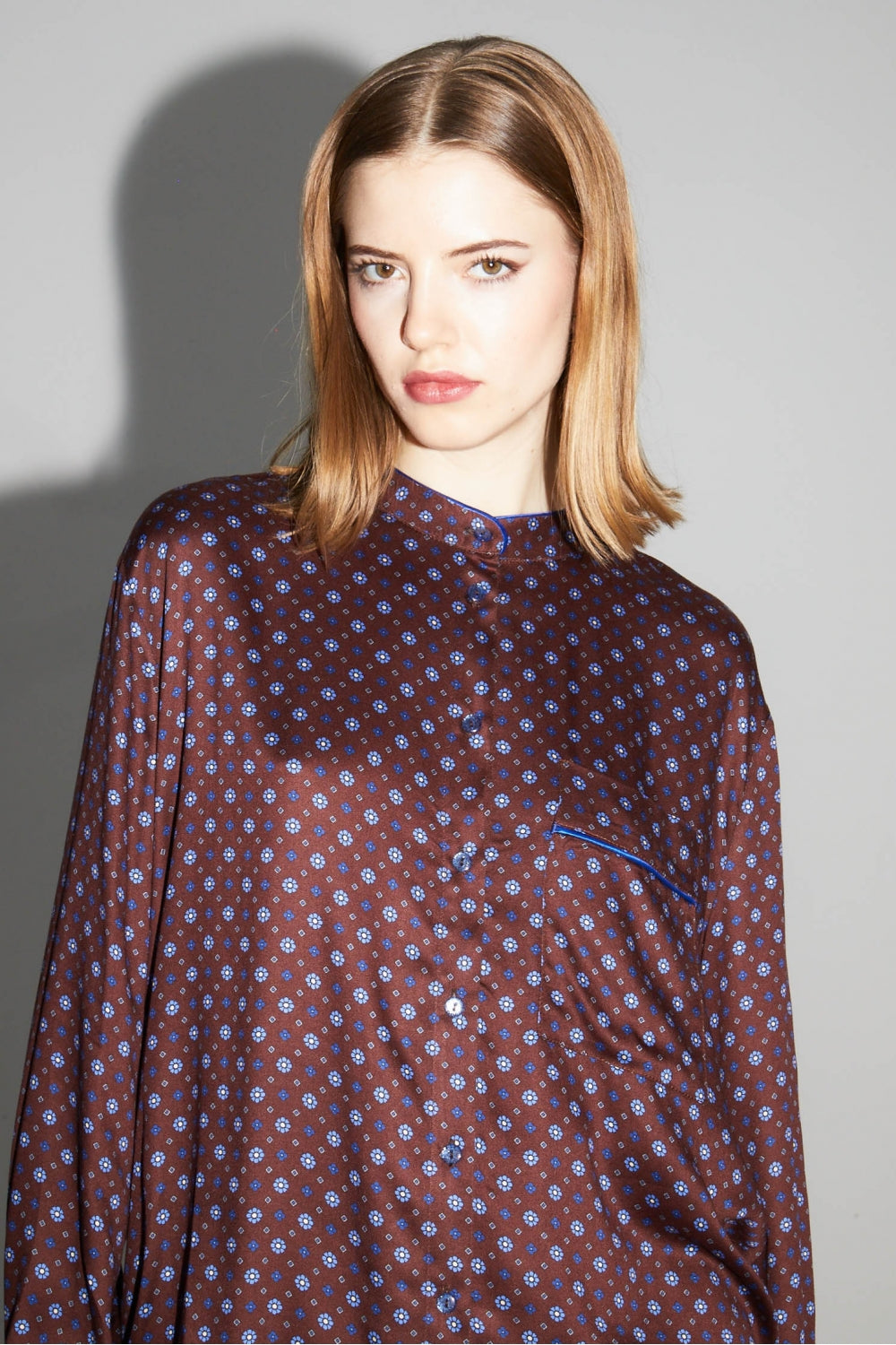 Oversized Bordeaux Print Geo Blue Shirt, Made In Italy