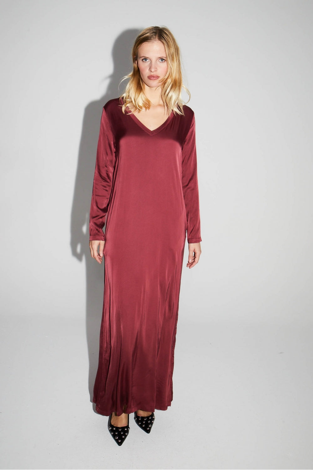 Maxi Dress Satin Viscose Stretch Burgundy Made In Italy
