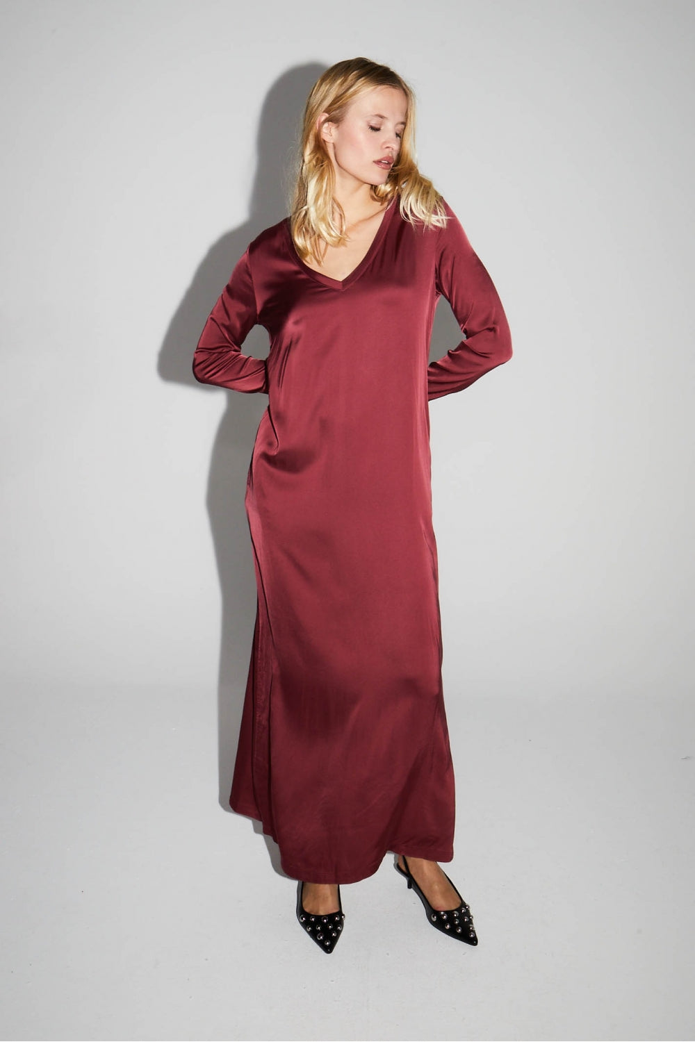 Maxi Dress Satin Viscose Stretch Burgundy Made In Italy