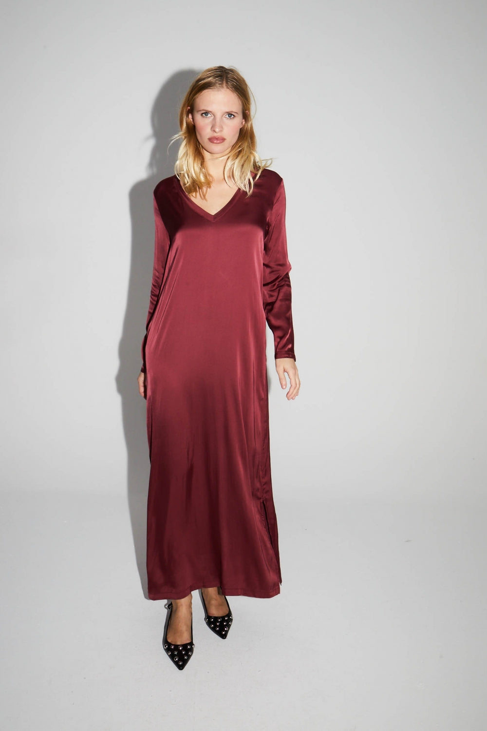 Maxi Dress Satin Viscose Stretch Burgundy Made In Italy