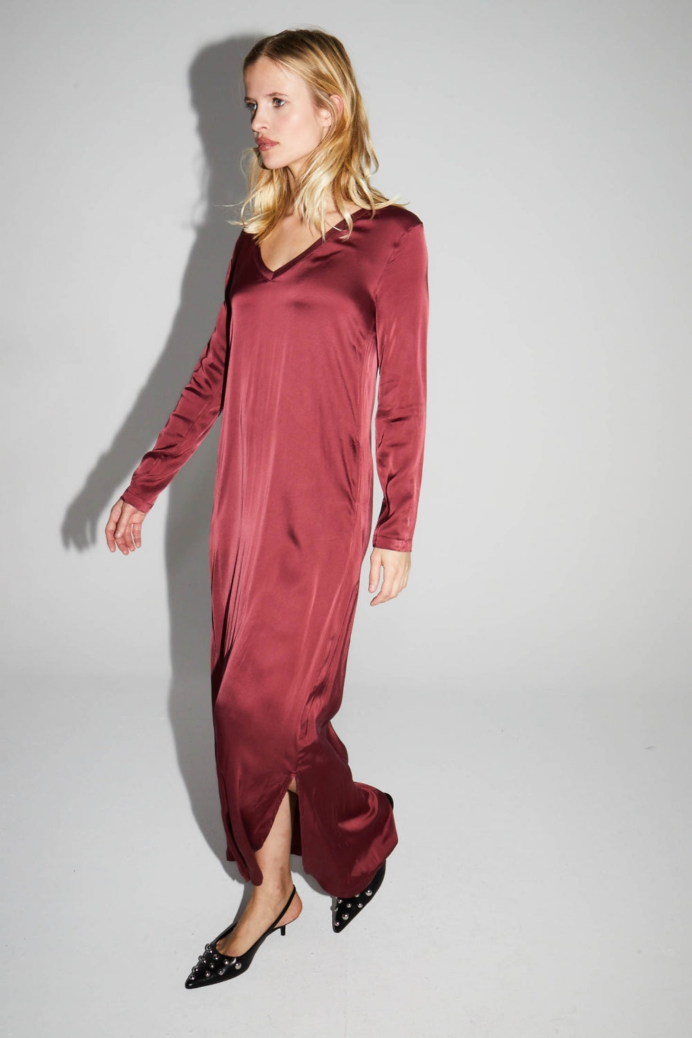 Maxi Dress Satin Viscose Stretch Burgundy Made In Italy