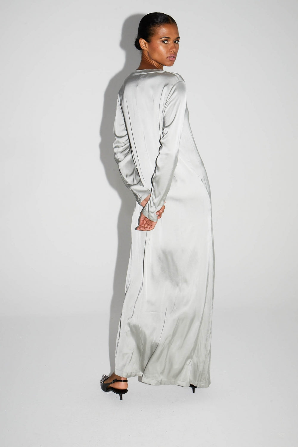 Maxi Dress Viscose Satin Stretc Silver Fabriquée En Italie
