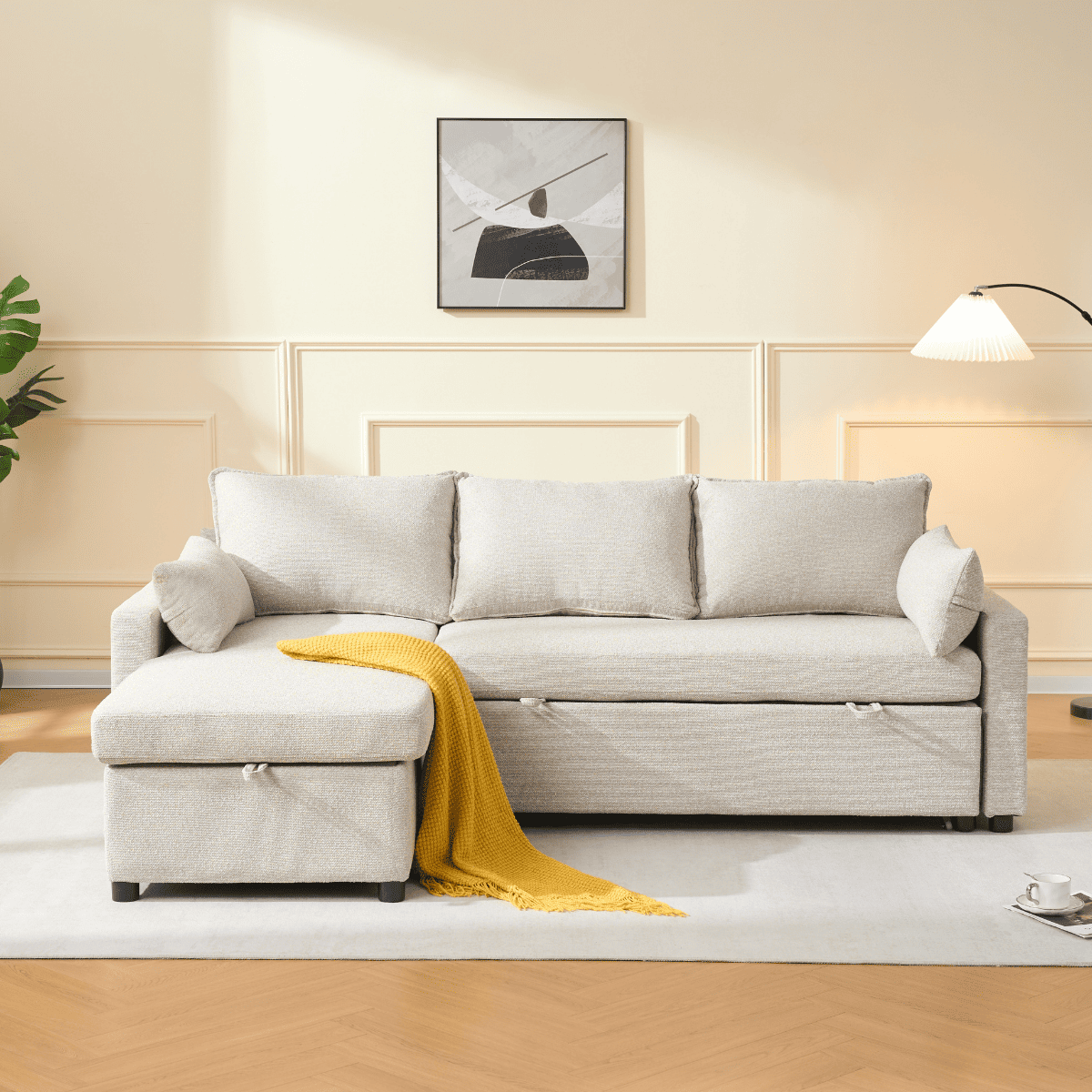 Louison - Sofá cama de 3 plazas con chaise longue - Tela beige
