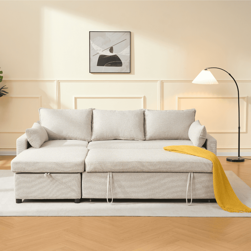 Louison - Sofá cama de 3 plazas con chaise longue - Tela beige