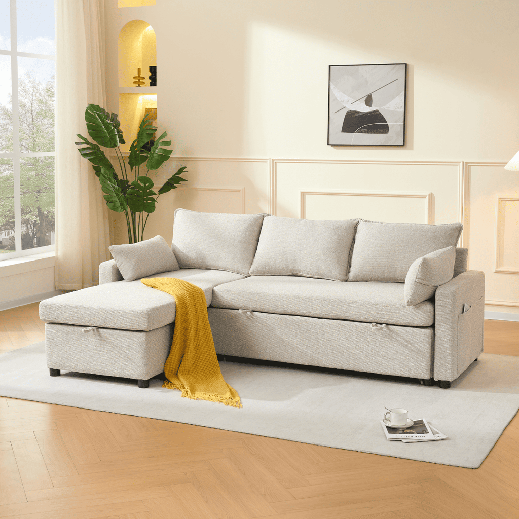 Louison - Sofá cama de 3 plazas con chaise longue - Tela beige
