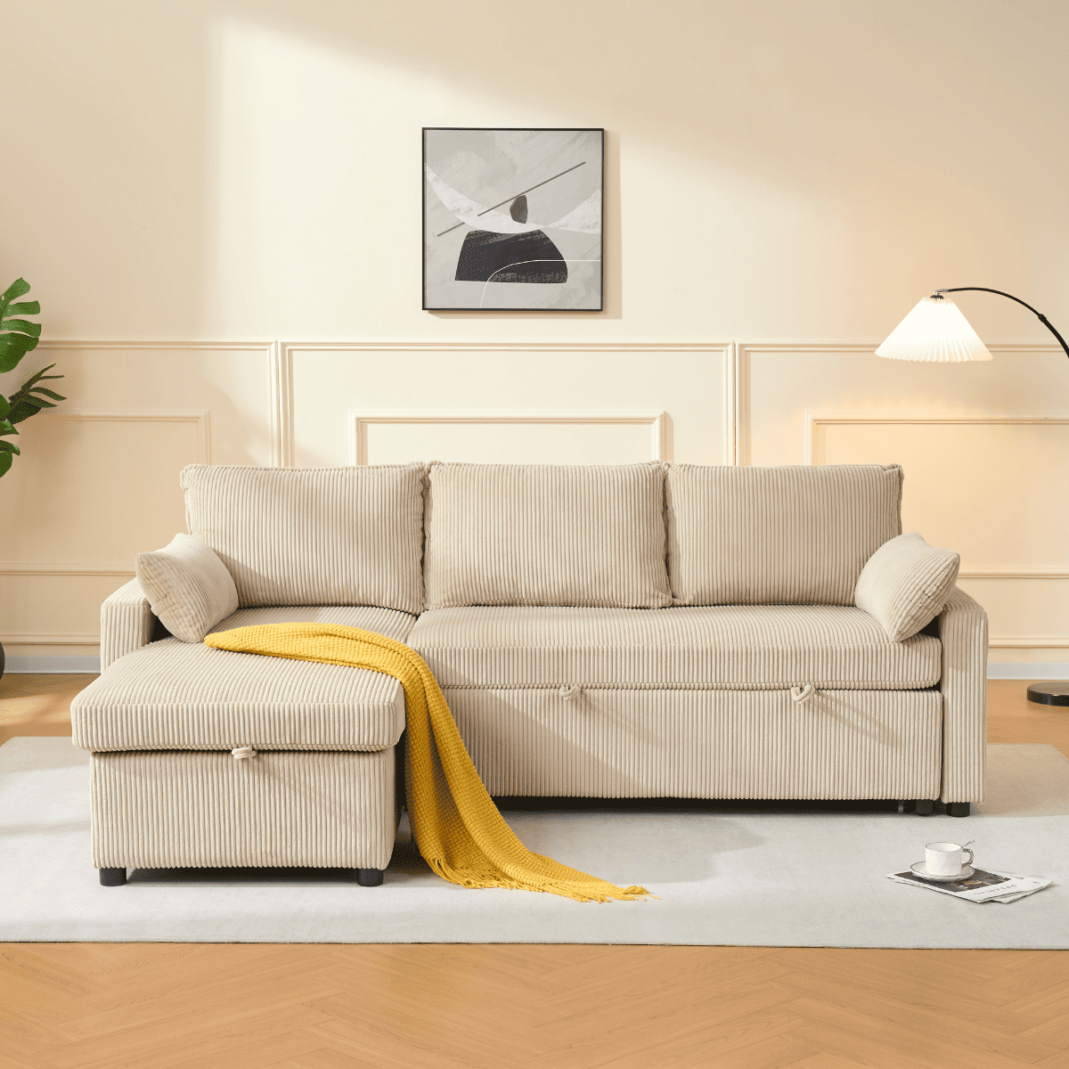 Louison - Sofá cama de 3 plazas con chaise longue - Terciopelo acanalado beige