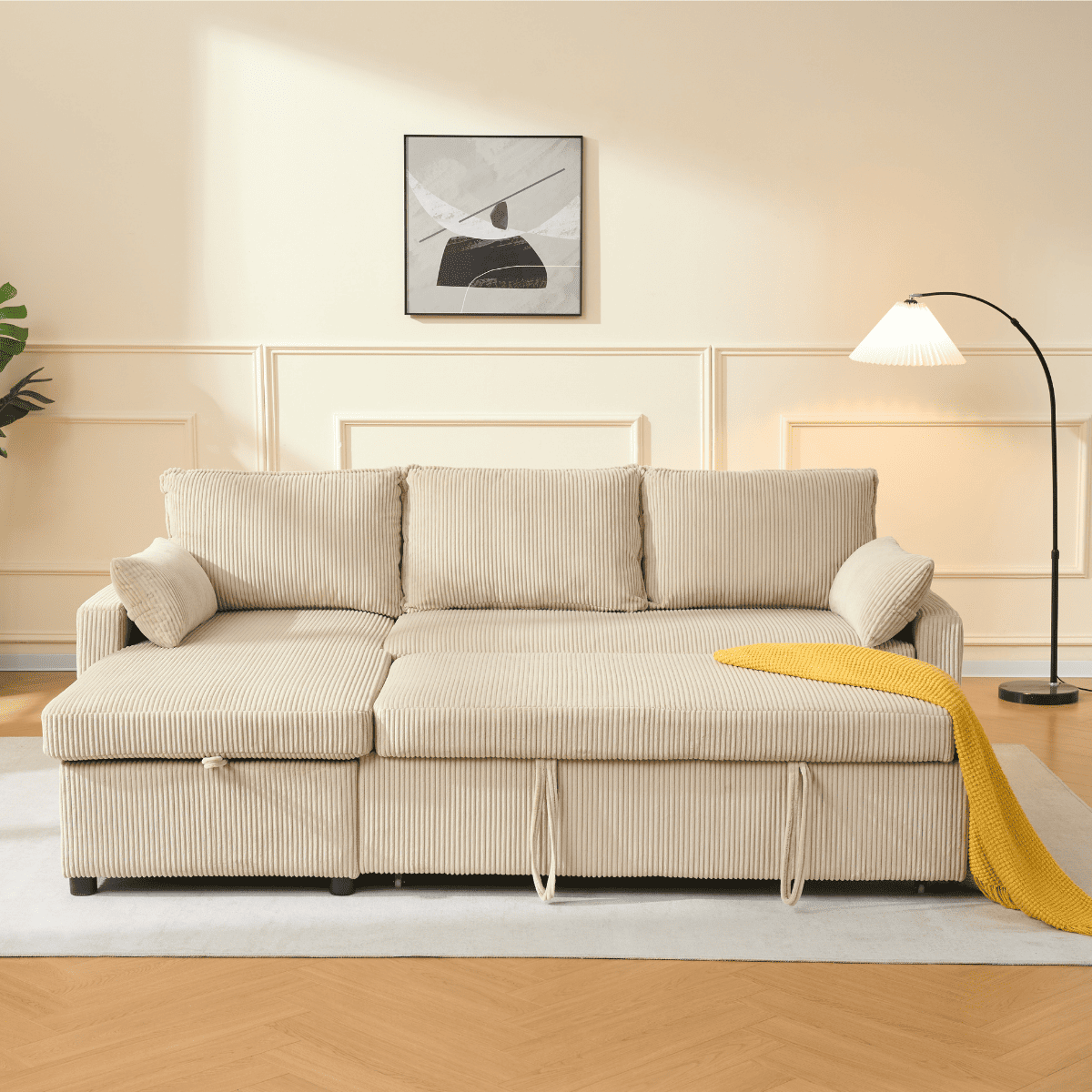 Louison - Sofá cama de 3 plazas con chaise longue - Terciopelo acanalado beige