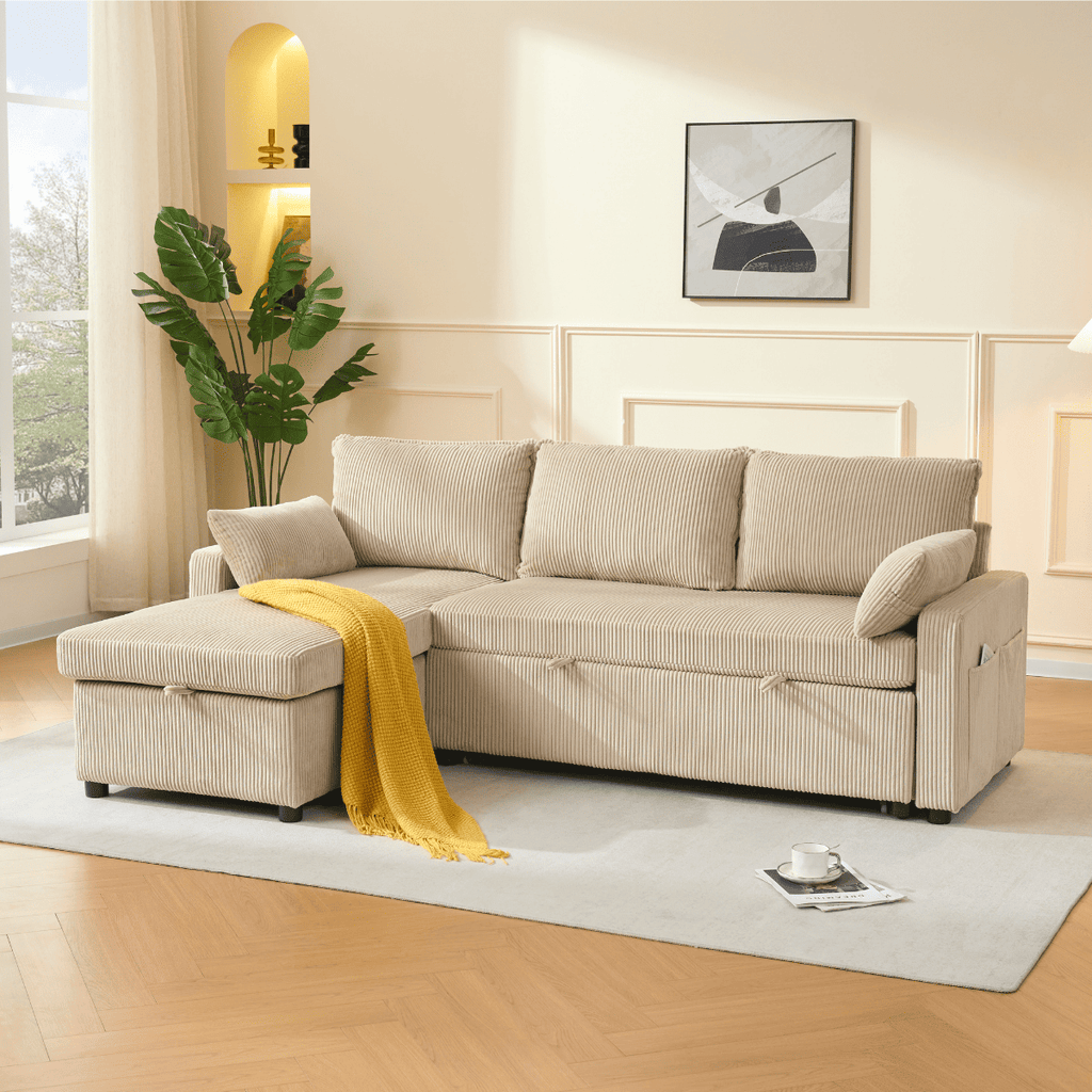 Louison - Sofá cama de 3 plazas con chaise longue - Terciopelo acanalado beige
