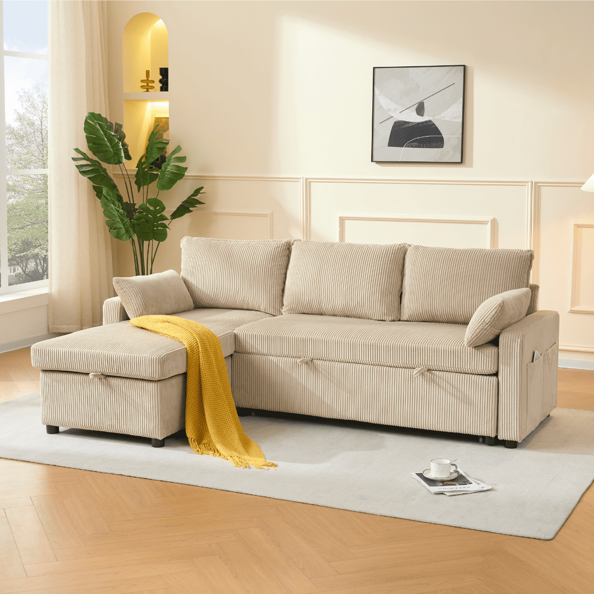 Louison - Sofá cama de 3 plazas con chaise longue - Terciopelo acanalado beige