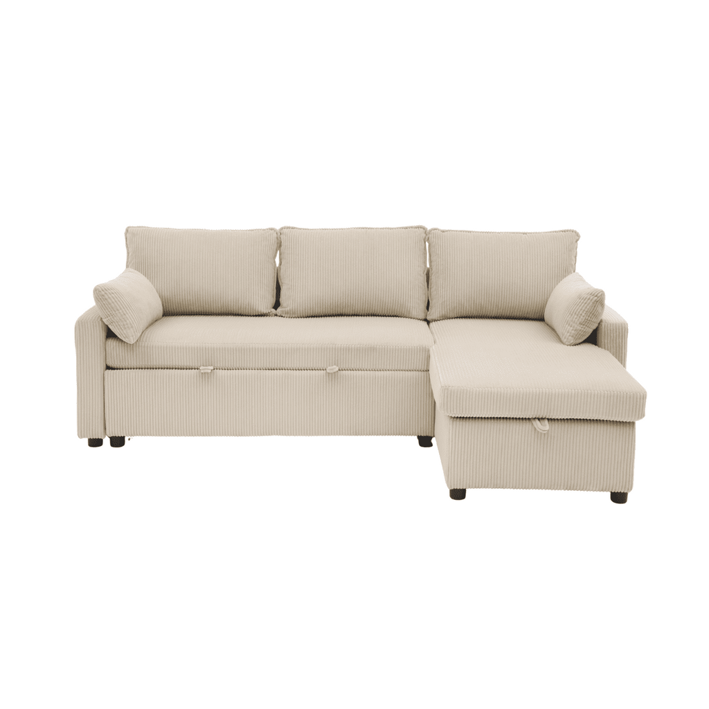Louison - Sofá cama de 3 plazas con chaise longue - Terciopelo acanalado beige