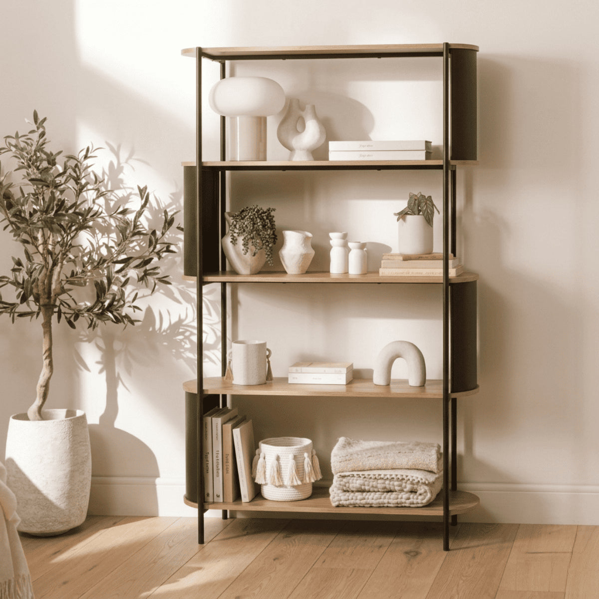 Eklo - 5 Tier High Shelf - Wood & Metal - Black