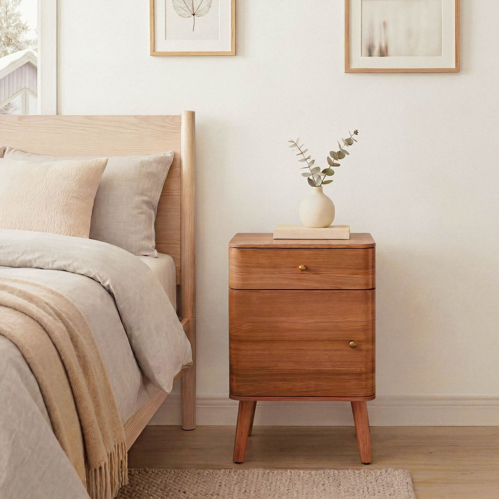 Karl - Bedside Table with 1 Drawer/1 Door, Rounded Edges - Dark Wood