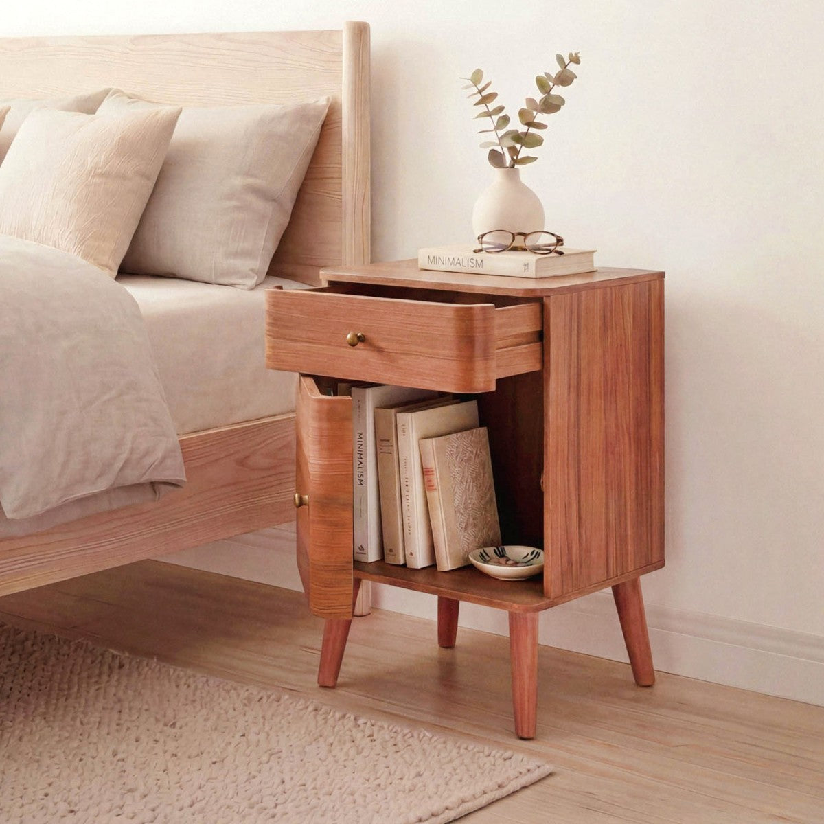 Karl - Bedside Table with 1 Drawer/1 Door, Rounded Edges - Dark Wood